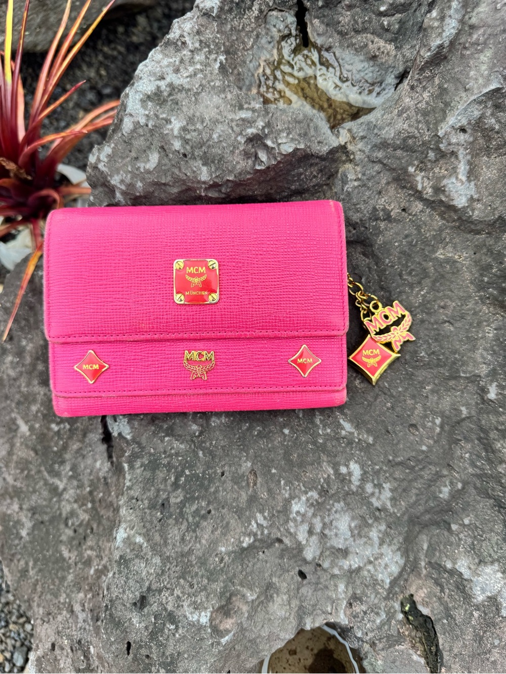 MCM Hot Pink Leather Trifold Wallet Charm Detail with COA - Picture 3 of 16